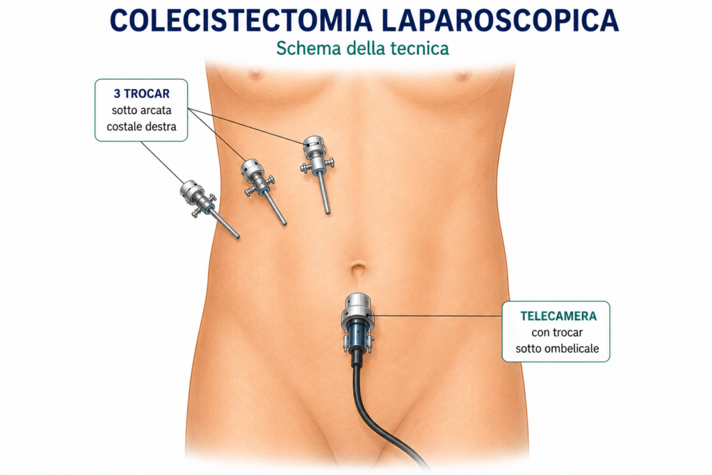 Schema del posizionamento dei trocar durante un intervento di colecistectomia laparoscopica, con trocar ottico ombelicale e tre trocar operativi sottocostali destri.
