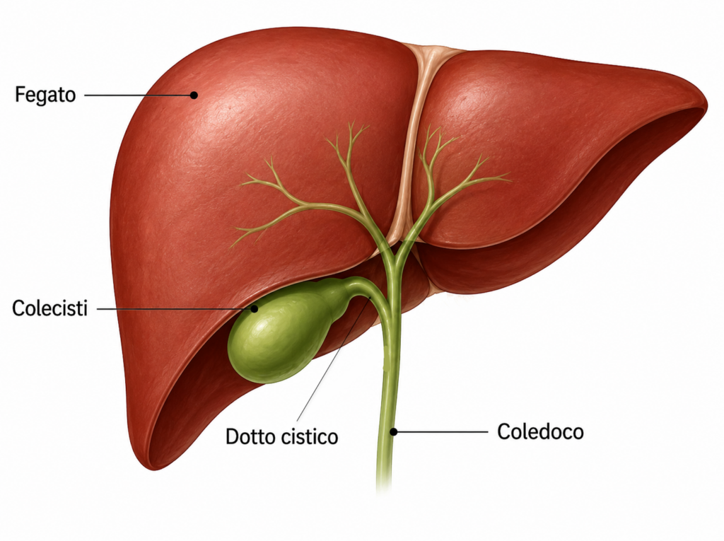Illustrazione anatomica del fegato, della colecisti e delle principali vie biliari, con evidenza del dotto cistico, del coledoco e del loro rapporto anatomico.