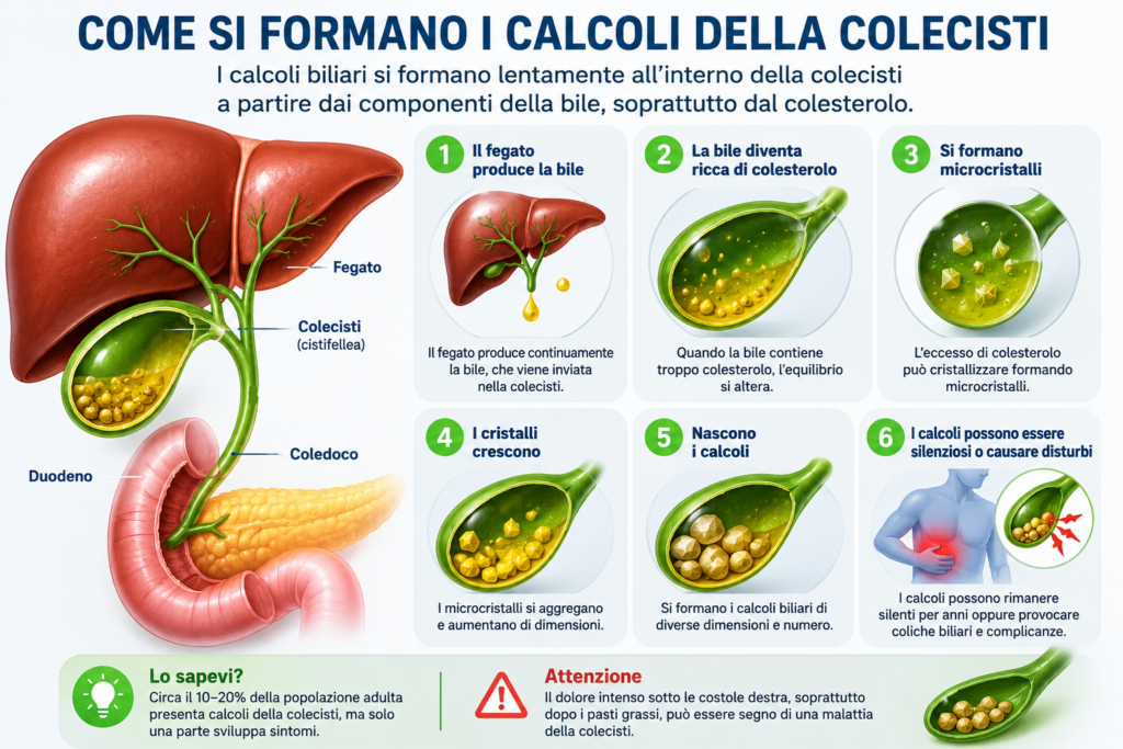 Infografica che illustra le principali fasi della formazione dei calcoli della colecisti: produzione della bile da parte del fegato, aumento del colesterolo nella bile, formazione di microcristalli, crescita dei cristalli e sviluppo dei calcoli biliari.